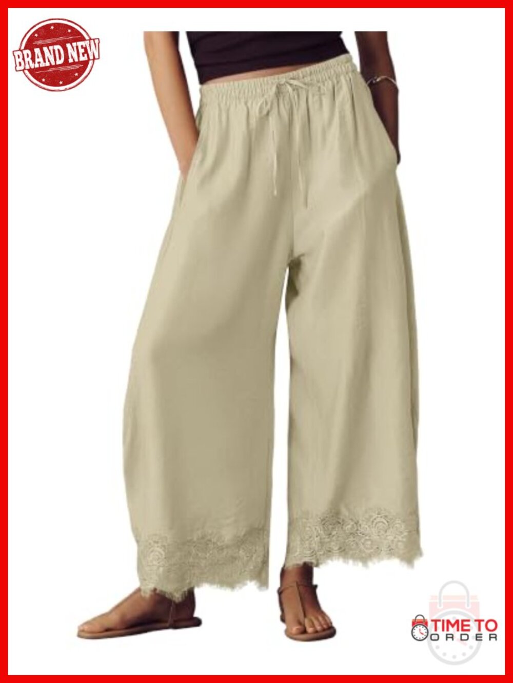 Lace Hem Cropped Wide Leg Pants with Pockets Lightweight Casual